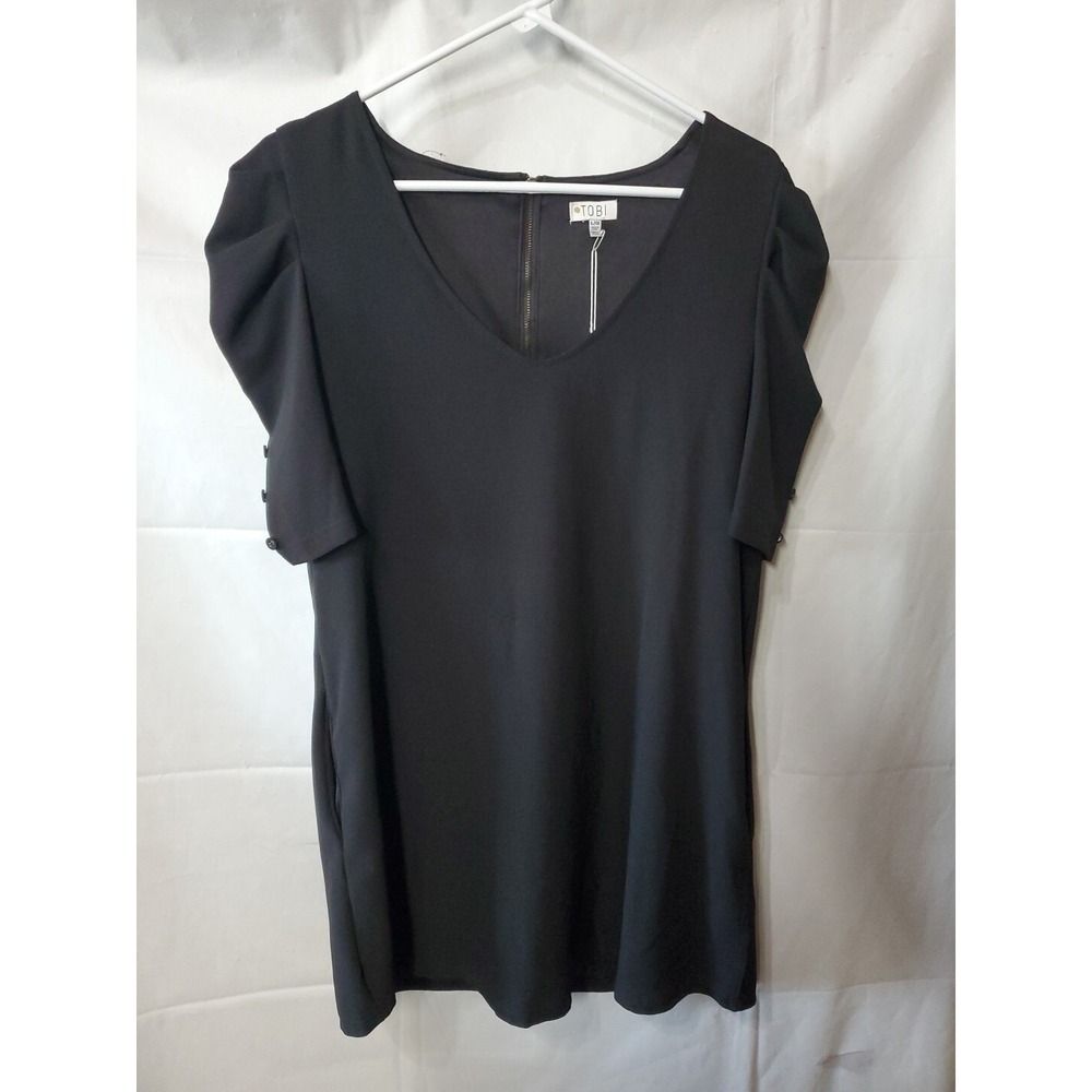 Tobi Women's Short Puff Sleeve Shift‎ Dress Size L Black Zip Lined Button Detail
